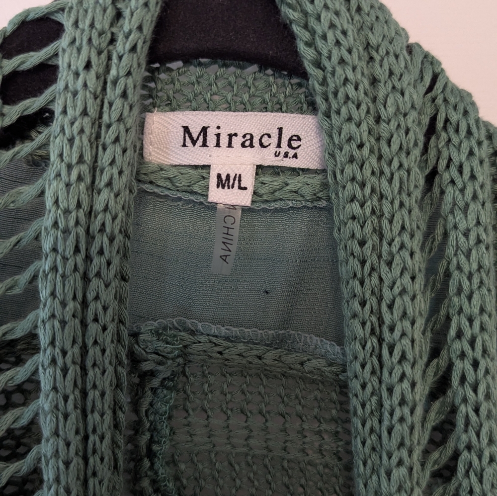 Miracle Teal Boho Crochet Fringe Floral Kimono M/L - Picture 2 of 5